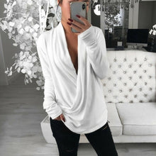 Load image into Gallery viewer, 2021 Women&#39;s Loose Deep V Neck Long Sleeve Pleated Wrap Shirt Sizes S - XL
