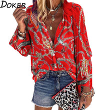 Load image into Gallery viewer, 2021 New Design Women Blouse V-neck Long Sleeve Chains Print Loose Sizes S - 4XL
