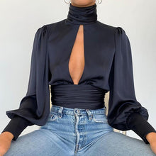 Load image into Gallery viewer, 2021 Satin Silk Women Blouse Sexy Hollow Out Front Long Sleeve Sizes S - XL
