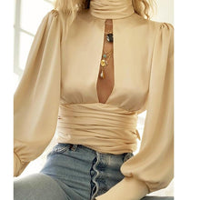 Load image into Gallery viewer, 2021 Satin Silk Women Blouse Sexy Hollow Out Front Long Sleeve Sizes S - XL
