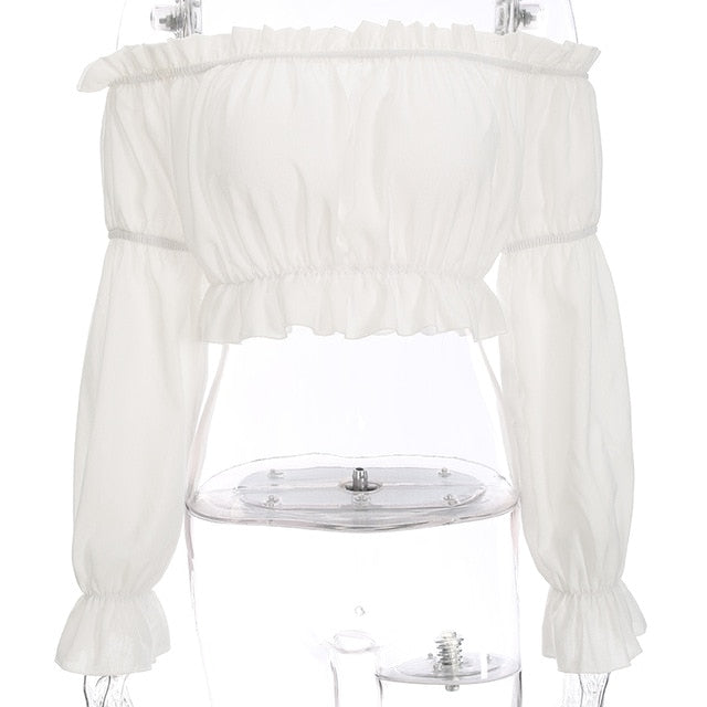 2021 Women's  Darlingaga Fashion, Off shoulder Sexy Crop Top With Ruffle Pull Sleeve Sizes S - L