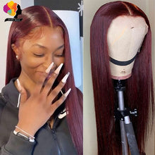 Load image into Gallery viewer, Peruvian Straight Hair 13X1 Lace Front Wig Human Hair Wigs 99J Red Burgundy Pre-Plucked 180% Remy Human Hair Deep Part Wigs
