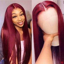 Load image into Gallery viewer, Peruvian Straight Hair 13X1 Lace Front Wig Human Hair Wigs 99J Red Burgundy Pre-Plucked 180% Remy Human Hair Deep Part Wigs
