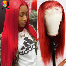 Load image into Gallery viewer, Peruvian Straight Hair 13X1 Lace Front Wig Human Hair Wigs 99J Red Burgundy Pre-Plucked 180% Remy Human Hair Deep Part Wigs
