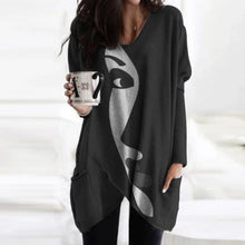 Load image into Gallery viewer, 2021 Spring Autumn Women Abstract Face Print Blouse Shirt Long Sleeve Pockets Irregular Size S
