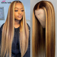 Load image into Gallery viewer, Ishow Highlight Wig Brown Colored Human Hair Wigs 13X4 13X6x1 Ombre Straight Lace Front Wig Highlight Lace Front Human Hair Wigs
