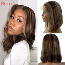 Load image into Gallery viewer, Blonde Human Hair Wig With Brown Roots 13x1 Lace Short Ombre Middle Part Lace Front Wigs Remy 180 Density Pre Plucked For Women
