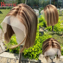 Load image into Gallery viewer, Blonde Human Hair Wig With Brown Roots 13x1 Lace Short Ombre Middle Part Lace Front Wigs Remy 180 Density Pre Plucked For Women
