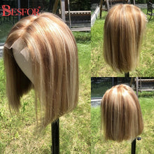 Load image into Gallery viewer, Blonde Human Hair Wig With Brown Roots 13x1 Lace Short Ombre Middle Part Lace Front Wigs Remy 180 Density Pre Plucked For Women
