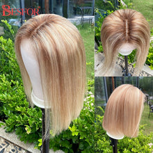 Load image into Gallery viewer, Blonde Human Hair Wig With Brown Roots 13x1 Lace Short Ombre Middle Part Lace Front Wigs Remy 180 Density Pre Plucked For Women
