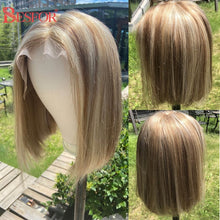 Load image into Gallery viewer, Blonde Human Hair Wig With Brown Roots 13x1 Lace Short Ombre Middle Part Lace Front Wigs Remy 180 Density Pre Plucked For Women
