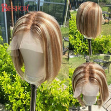 Load image into Gallery viewer, Blonde Human Hair Wig With Brown Roots 13x1 Lace Short Ombre Middle Part Lace Front Wigs Remy 180 Density Pre Plucked For Women
