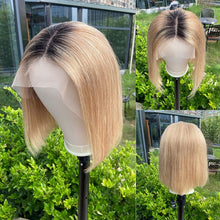 Load image into Gallery viewer, Blonde Human Hair Wig With Brown Roots 13x1 Lace Short Ombre Middle Part Lace Front Wigs Remy 180 Density Pre Plucked For Women
