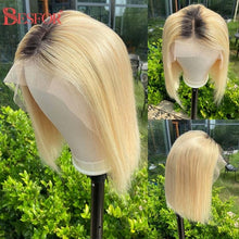 Load image into Gallery viewer, Blonde Human Hair Wig With Brown Roots 13x1 Lace Short Ombre Middle Part Lace Front Wigs Remy 180 Density Pre Plucked For Women
