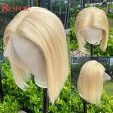Load image into Gallery viewer, Blonde Human Hair Wig With Brown Roots 13x1 Lace Short Ombre Middle Part Lace Front Wigs Remy 180 Density Pre Plucked For Women
