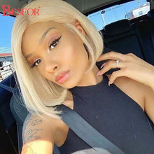 Load image into Gallery viewer, Blonde Human Hair Wig With Brown Roots 13x1 Lace Short Ombre Middle Part Lace Front Wigs Remy 180 Density Pre Plucked For Women
