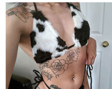 Load image into Gallery viewer, 2021 Imcute  Women&#39;s Cow Pattern Hairy Camisole Sexy Lace Up Halter Top Swimsuit Sizes One Size
